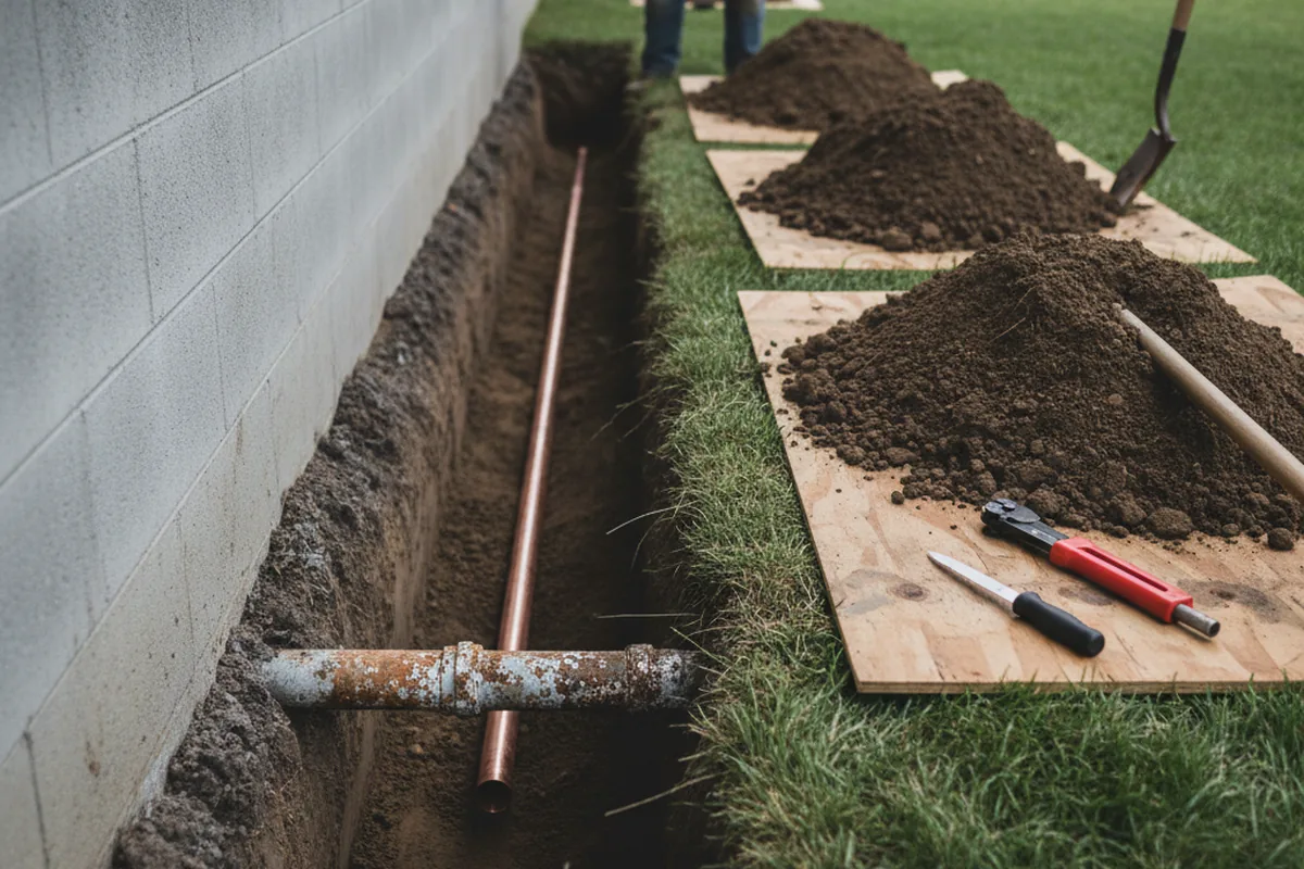 Excavated water line trench during Water Heater Repair in Niles